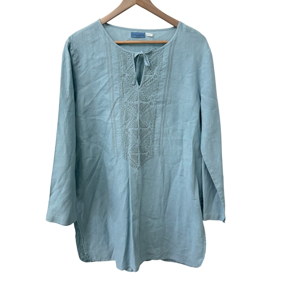 Provence d'Amour Tunic Top M Light Blue Linen Embroidered Tie Neck Boho 1442